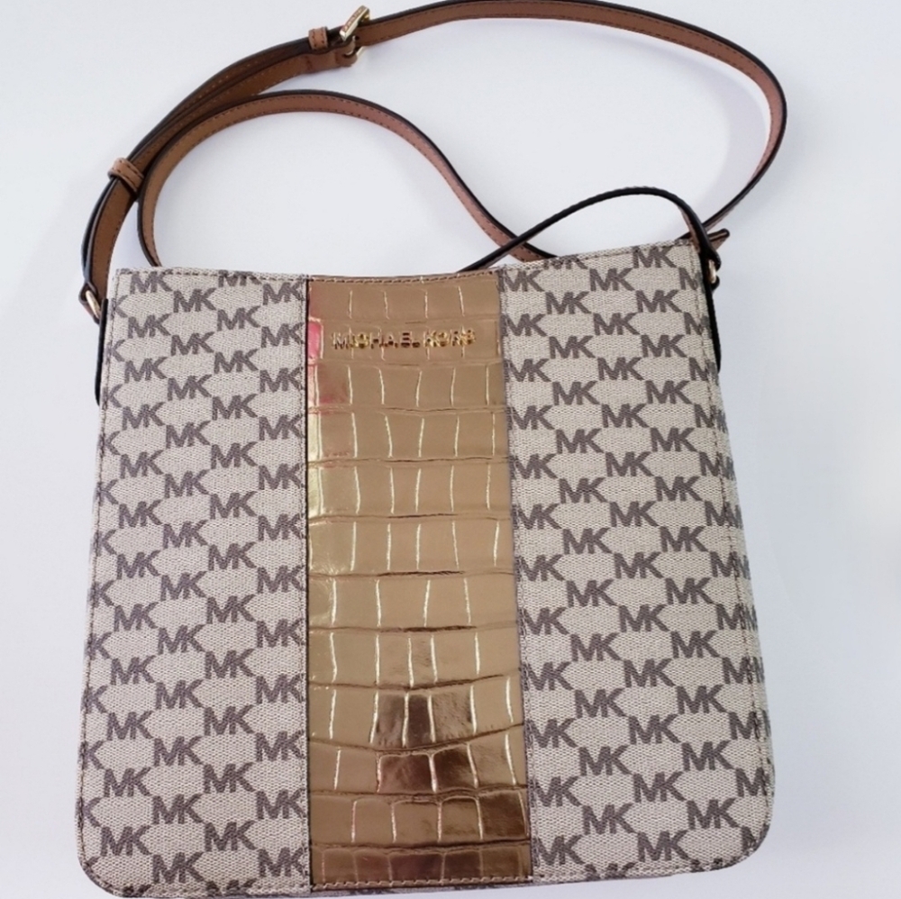 Michael Kors MK Signature Center Stripe Brown Messenger Crossbody Purse